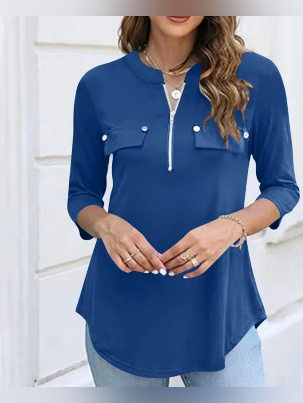 Dark Navy Blue Half Zip Pocket Henley 3/4 Sleeve Work Blouse